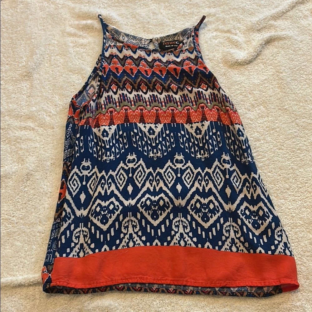 Patterned Sleeveless Top - Blue and Red